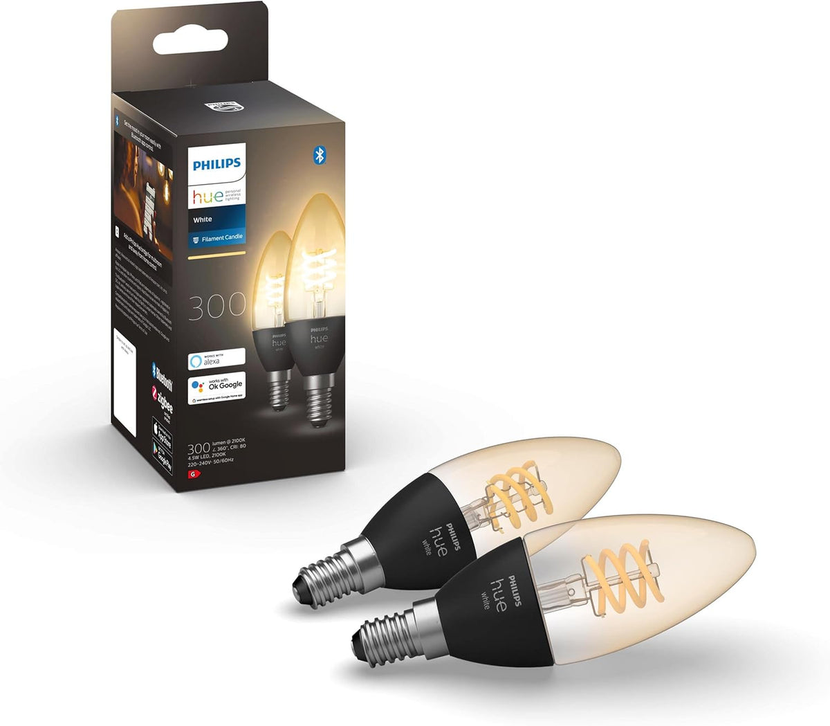 Philips Hue Filament Candle E14 Smart Bulb 2pk - Warm White | Bluetooth | Alexa/Google/HomeKit