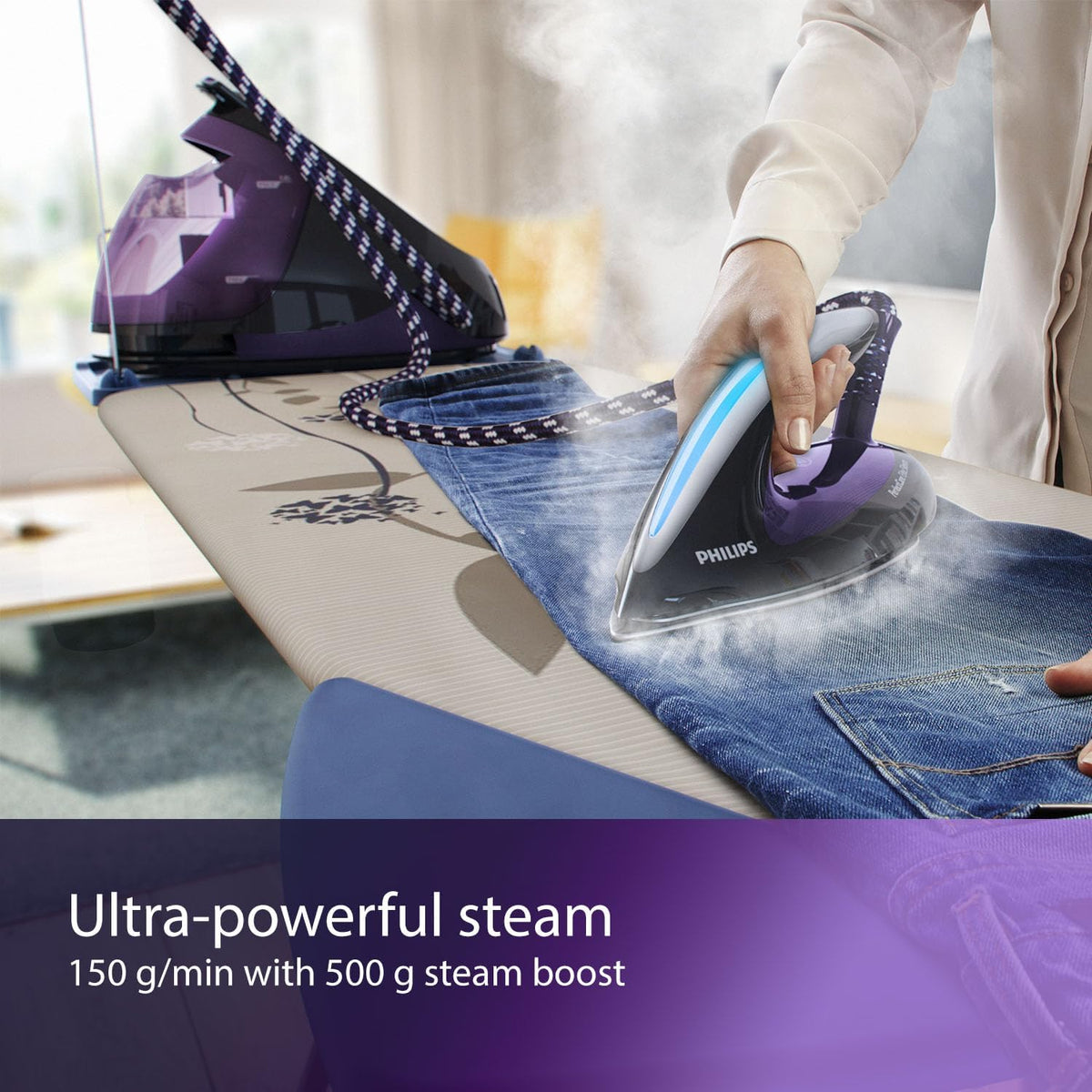 Philips PerfectCare Elite Steam Generator Iron | OptimalTEMP Technology | 7.5 Bar Pressure | 500g Steam Boost | 1.8L Tank | Black/Purple