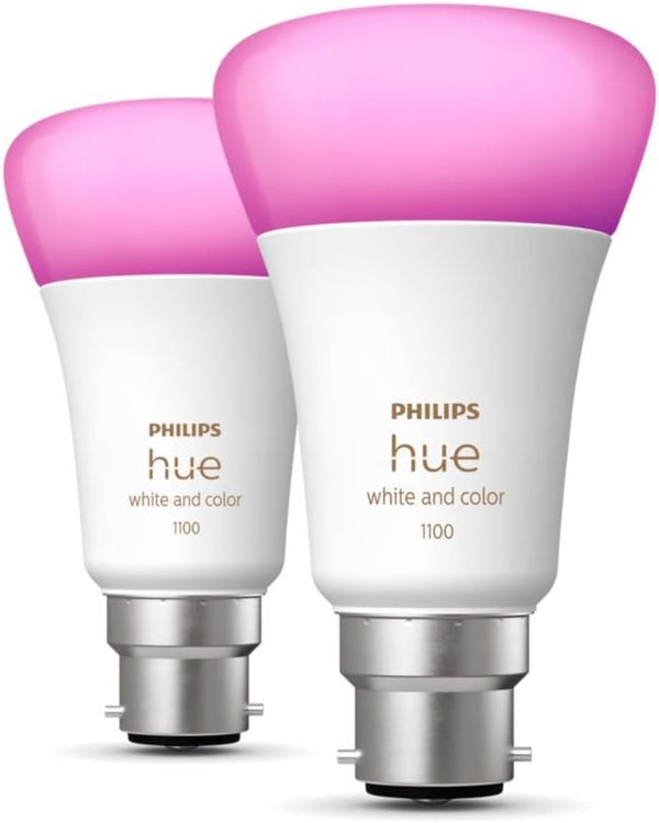 Philips Hue B22 White & Colour Ambiance Bulbs | Twin Pack | 1100 Lumen
