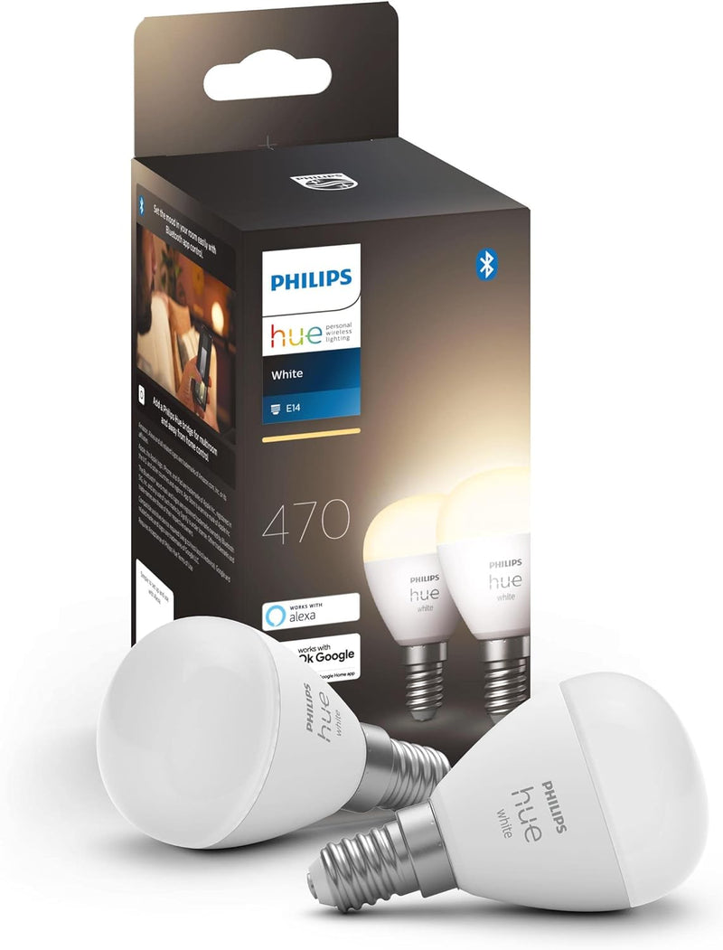 2x Philips Hue Lustre | Smart Light Bulb With Bluetooth | E14 Small Edison Screw | Warm White