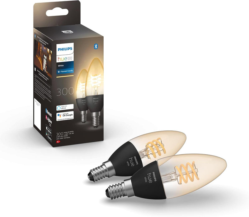 2x Philips Hue Filament Candle E14 Small Edison Screw Smart Bulb White Ambiance LED Smart Light Bulb (Pack of 2)