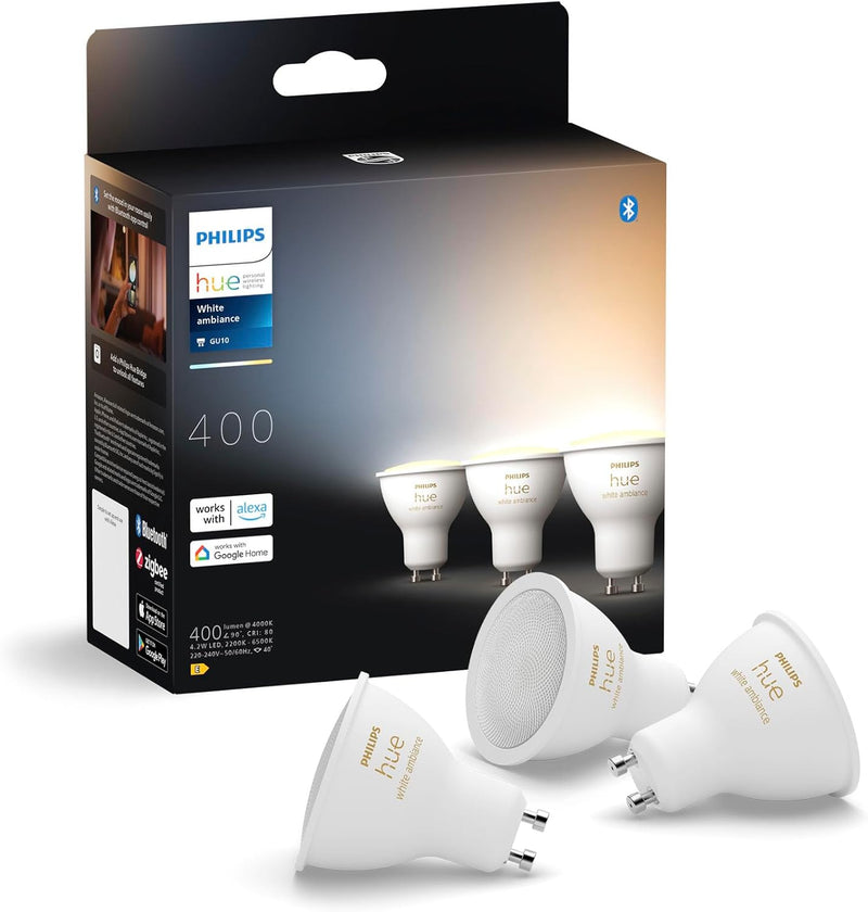 Philips Hue GU10 | Smart Spotlight (3-Pack) | White Ambiance | Warm-to-Cool White | Bluetooth & Hue Bridge Compatible