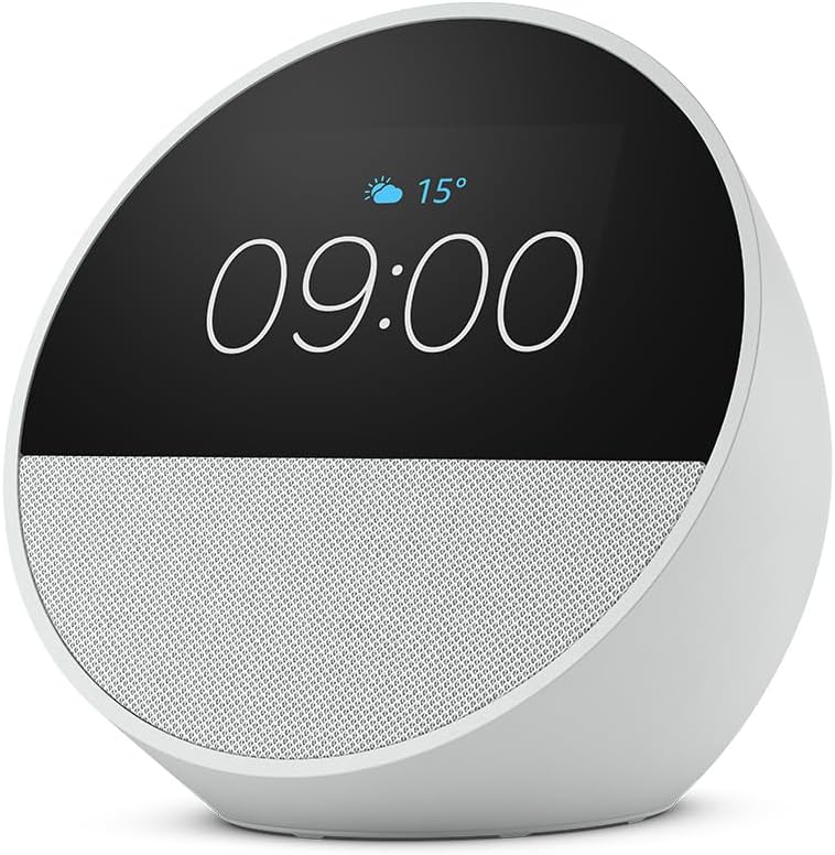 Amazon Echo Spot | Smart Alarm Clock with vibrant sound | Alexa | 2024 release | Glacier White