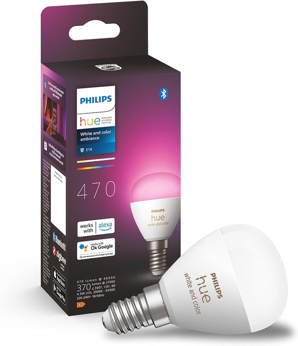 Philips Hue Luster Smart LED Light Bulb | E14 Edison Screw SES | White and Colour Ambiance