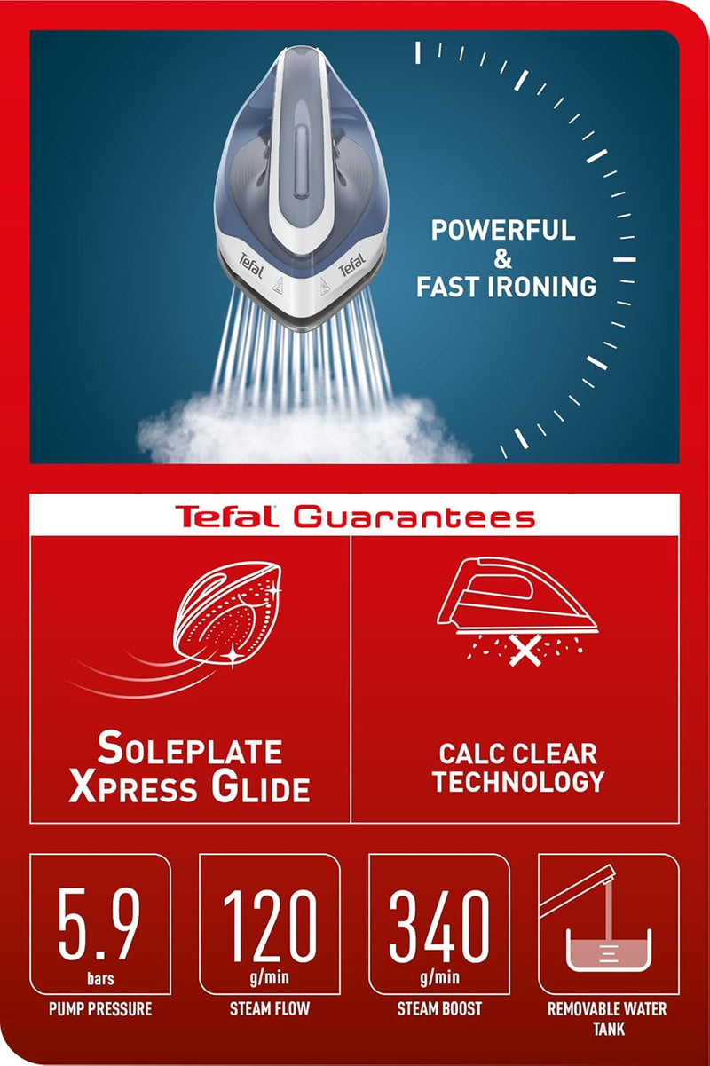 Tefal Express Essential Steam Generator Iron | 5.9 Bar | 120g/min | 1.7L Tank | Blue | SV6132G0