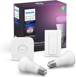 Philips Hue E27 ES White & Colour Ambiance Starter Kit- 2x E27 + Dimmer + Bridge