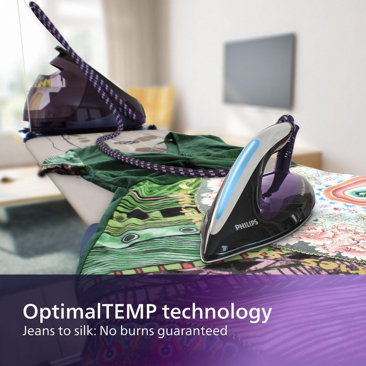 Philips PerfectCare Elite Steam Generator Iron | OptimalTEMP Technology | 7.5 Bar Pressure | 500g Steam Boost | 1.8L Tank | Black/Purple