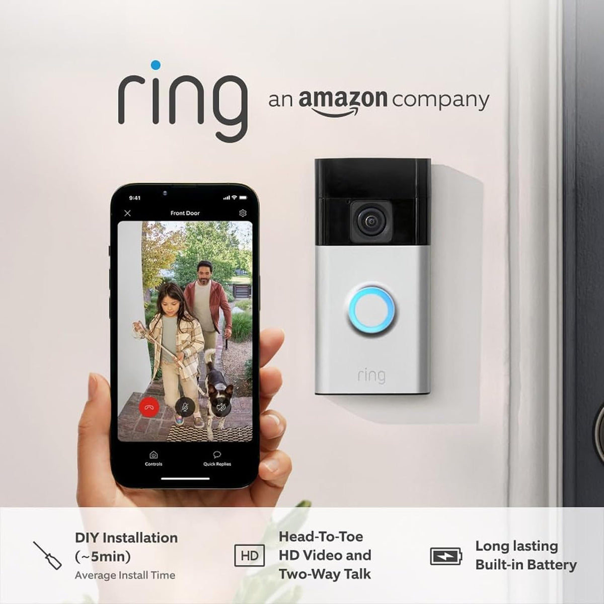 Ring Battery Video Doorbell with Chime (2nd Gen) | 1080p Full HD Video | Two-Way Audio | Head-to-Toe View | Satin Nickel
