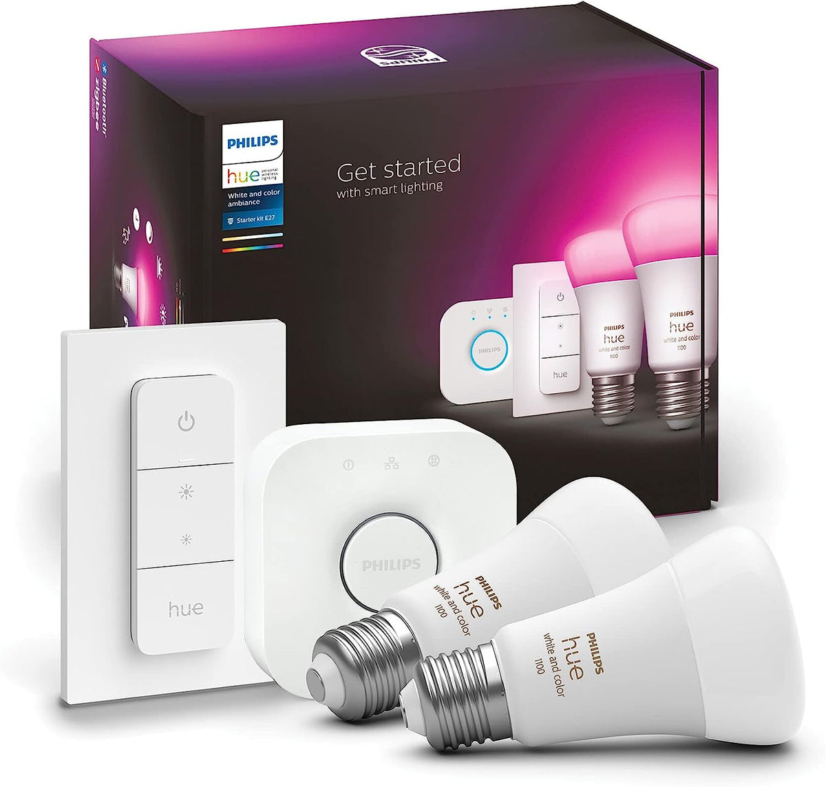 Philips Hue White & Colour Ambiance E27 Starter Kit | 2x Bulbs + Bridge + Dimmer