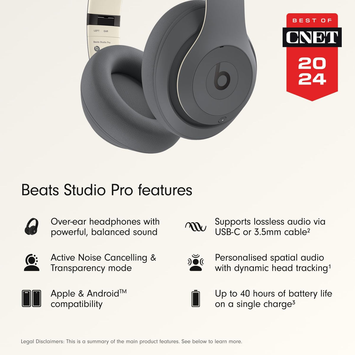 Beats Studio Pro | Wireless Over-Ear Noise Cancelling Headphones | Personalised Spatial Audio | USB-C Lossless Audio | 40-Hour Battery | Sand Grey