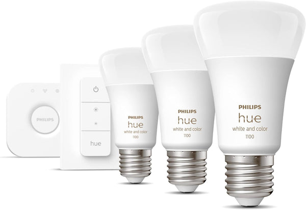 Philips Hue White & Colour Ambiance Starter Kit | 3x E27 + Bridge + Dimmer Switch | Smart LED Lighting 1100 Lumen