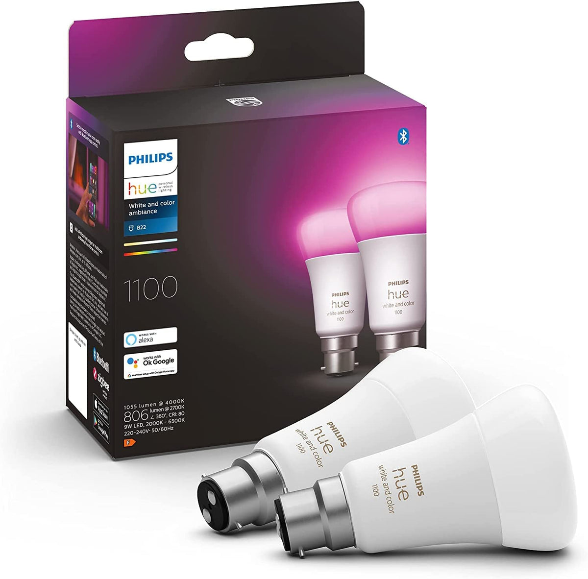 Philips Hue B22 Bulbs | White & Colour Ambiance | 1100 Lumen | Twin Pack